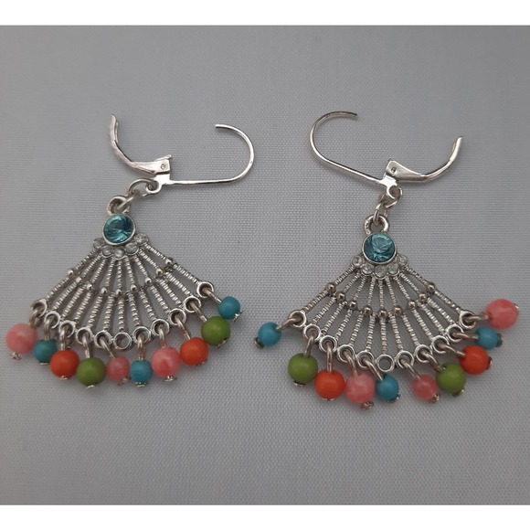 Silver Triangle multi colored dangle beads earrings - Picture 3 of 5